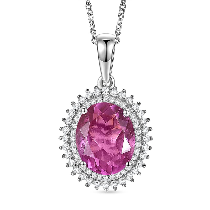 EverTrue African Lilac Quartz (Triplet) and White Zircon 4.70 ctw Bloom Glow Pendant in Platinum Bond with Stainless Steel Necklace 20 Inches