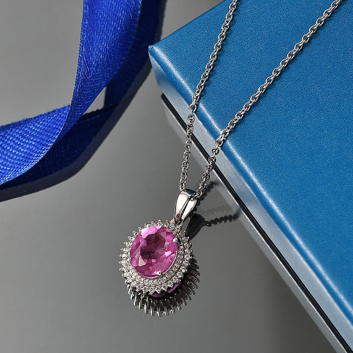 EverTrue African Lilac Quartz (Triplet) and White Zircon 4.70 ctw Pendant in Platinum Bond with Stainless Steel Necklace 20 Inches image number 1