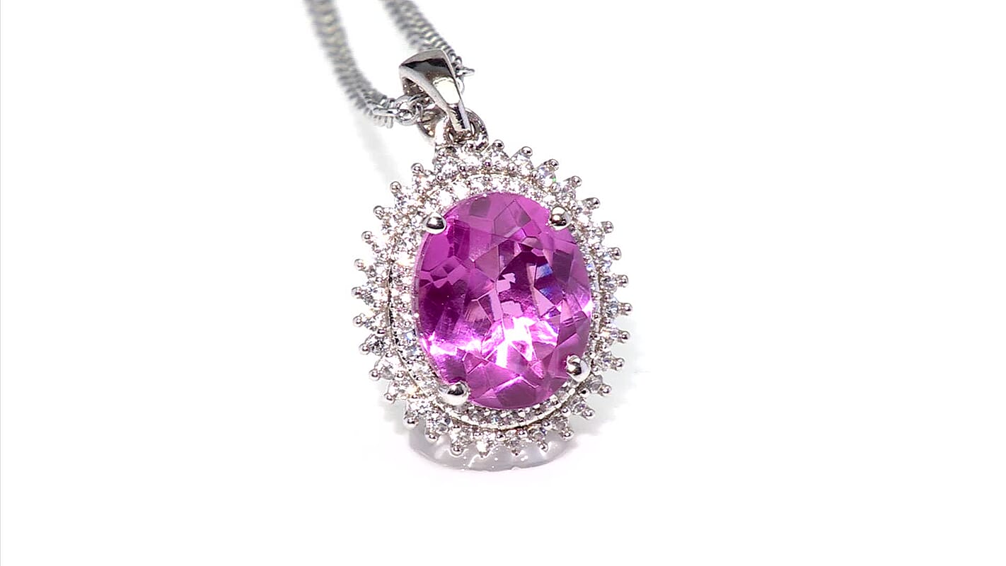 EverTrue African Lilac Quartz (Triplet) and White Zircon 4.70 ctw Bloom Glow Pendant in Platinum Bond with Stainless Steel Necklace 20 Inches