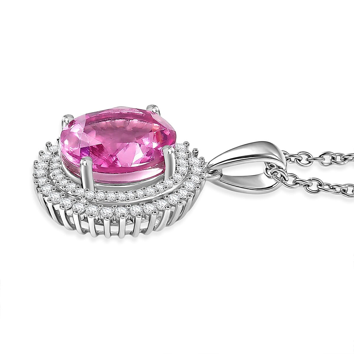 EverTrue African Lilac Quartz (Triplet) and White Zircon 4.70 ctw Bloom Glow Pendant in Platinum Bond with Stainless Steel Necklace 20 Inches