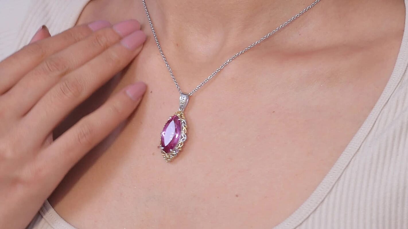 Evertrue African Lilac Quartz (Triplet) 10.25 ctw Eternal Flame Pendant in Platinum Bond with Stainless Steel Necklace 20 Inches