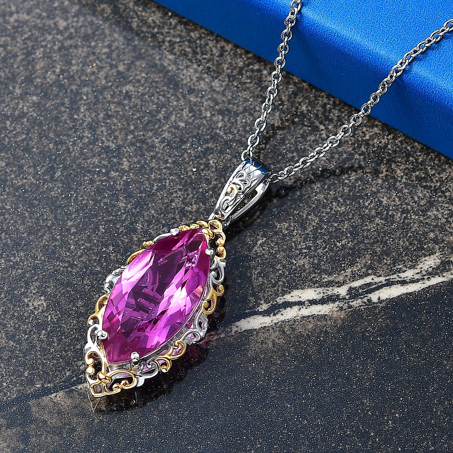 Evertrue African Lilac Quartz (Triplet) 10.25 ctw Eternal Flame Pendant in Platinum Bond with Stainless Steel Necklace 20 Inches