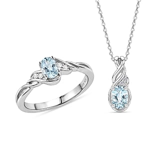 D'Joy Premium Mangoro Santo Aquamarine, Moissanite 0.90 ctw Luxury Box Set Ring (Size 5.0) and Pendant Necklace (20 Inches) in Rhodium Over Sterling Silver