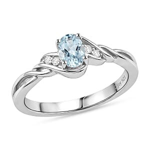 D'Joy Premium Mangoro Santo Aquamarine, Moissanite 0.90 ctw Luxury Box Set Ring (Size 5.0) and Pendant Necklace (20 Inches) in Rhodium Over Sterling Silver