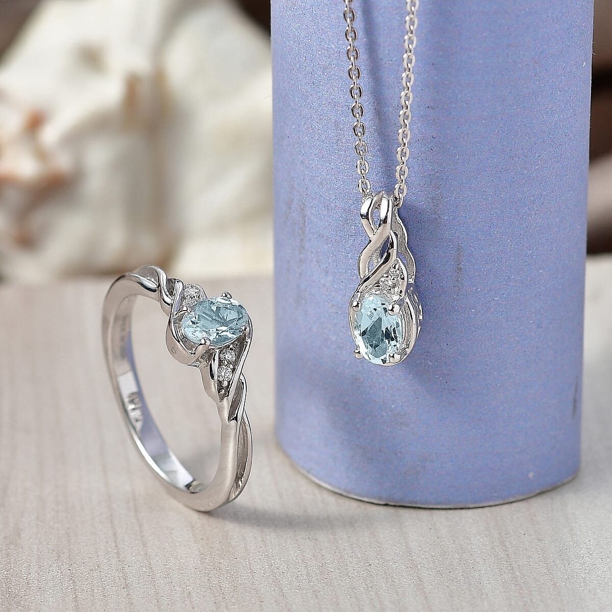 D'Joy Premium Mangoro Aquamarine, Moissanite 0.90 ctw Luxury Box Set Ring (Size 6.0) and Pendant Necklace (20 Inches) in Rhodium Over Sterling Silver (Del. In 8-10 Days) image number 1