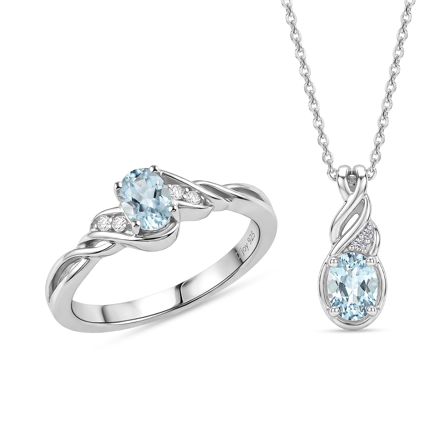 D'Joy Premium Mangoro Aquamarine, Moissanite 0.90 ctw Luxury Box Set Ring (Size 8.0) and Pendant Necklace (20 Inches) in Rhodium Over Sterling Silver