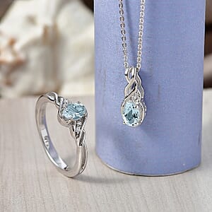 D'Joy Premium Mangoro Aquamarine, Moissanite 0.90 ctw Luxury Box Set Ring (Size 10.0) and Pendant Necklace (20 Inches) in Rhodium Over Sterling Silver (Del. In 8-10 Days)