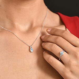 D'Joy Premium Mangoro Aquamarine, Moissanite 0.90 ctw Luxury Box Set Ring (Size 10.0) and Pendant Necklace (20 Inches) in Rhodium Over Sterling Silver (Del. In 8-10 Days)