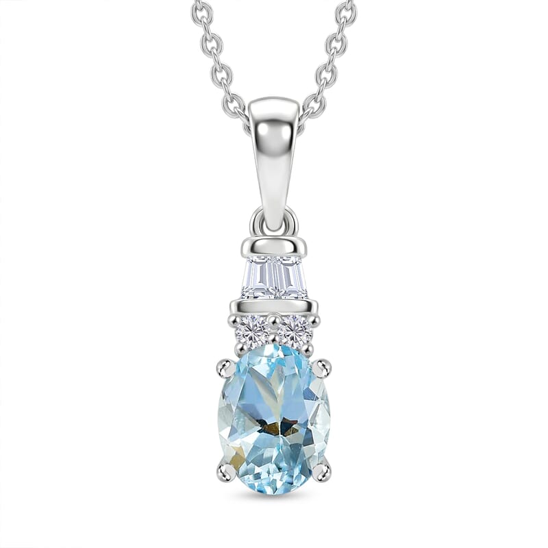 D'Joy Premium Mangoro Aquamarine and Moissanite 0.85 ctw The Blue Signature Pendant Necklace in Rhodium Over Sterling Silver 20 Inches