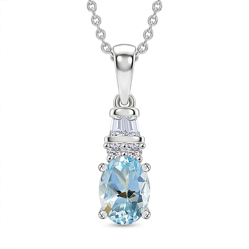 D'Joy Premium Mangoro Aquamarine and Moissanite 0.85 ctw The Blue Signature Pendant Necklace in Rhodium Over Sterling Silver 20 Inches