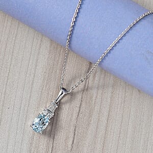 D'Joy Mangoro Santo Aquamarine and Moissanite 0.85 ctw Pendant Necklace in Rhodium Over Sterling Silver 20 Inches 