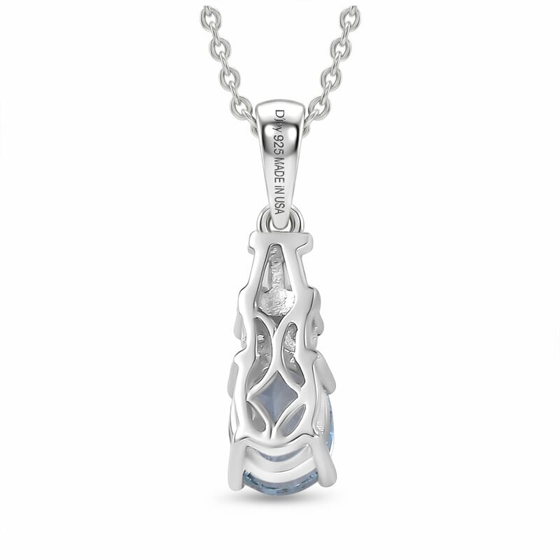 D'Joy Premium Mangoro Aquamarine and Moissanite 0.85 ctw The Blue Signature Pendant Necklace in Rhodium Over Sterling Silver 20 Inches
