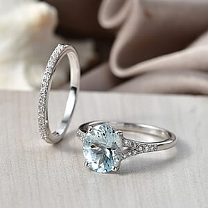 D'Joy Premium Mangoro Aquamarine, Moissanite Set of 2 Blue Legacy Ring in Rhodium Over Sterling Silver (Size 6.0) 2.60 ctw (Del. In 8-10 Days)