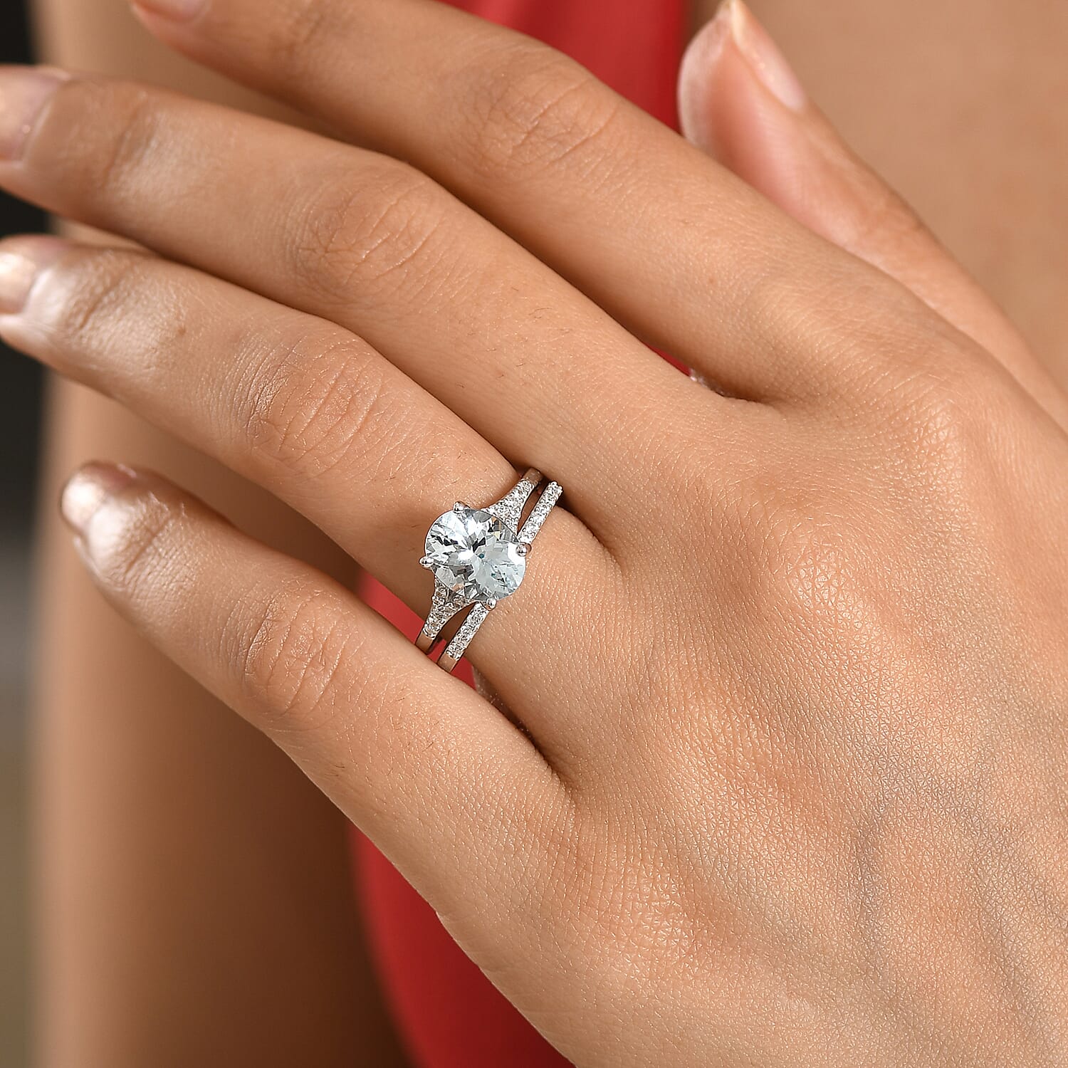 D'Joy Mangoro Santo Aquamarine, Moissanite Set of 2 Ring in Rhodium Over Sterling Silver 2.60 ctw (Size 6.0)