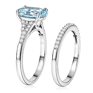 D'Joy Premium Mangoro Aquamarine, Moissanite Set of 2 Blue Legacy Ring in Rhodium Over Sterling Silver (Size 6.0) 2.60 ctw (Del. In 8-10 Days)