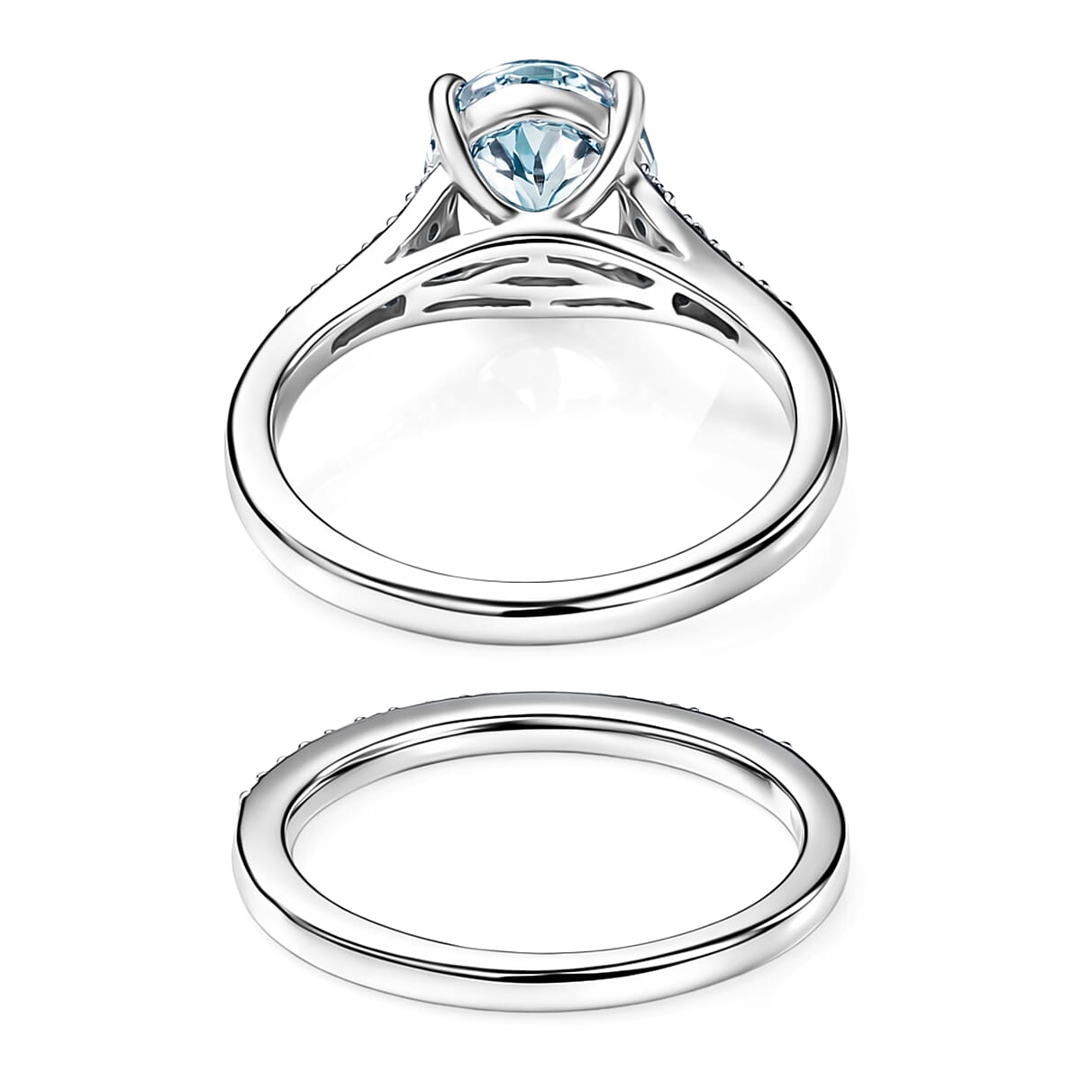 D'Joy Mangoro Santo Aquamarine, Moissanite Set of 2 Ring in Rhodium Over Sterling Silver 2.60 ctw (Size 6.0)