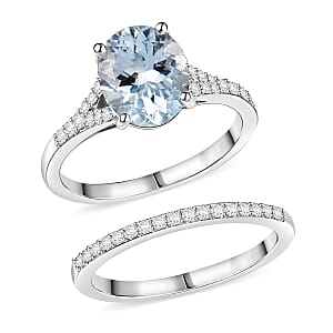 D'Joy Premium Mangoro Santo Aquamarine and Moissanite 2.60 ctw Set of 2 Ring (Size 7.00) in Rhodium Over Sterling Silver