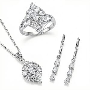 EverTrue Lab Created White Sapphire Floral Cluster Earrings, Ring (Size 5.00) and Pendant Necklace (20 Inches) in Platinum Bond and Stainless Steel 5.35 ctw