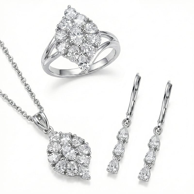 EverTrue Lab Created White Sapphire 5.35 ctw Floral Cluster Earrings, Ring (Size 5.00) and Pendant Necklace (20 Inches) in Platinum Bond and Stainless Steel