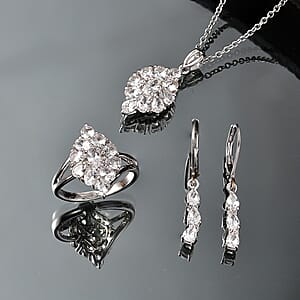 EverTrue Lab Created White Sapphire Floral Cluster Earrings, Ring (Size 5.00) and Pendant Necklace (20 Inches) in Platinum Bond and Stainless Steel 5.35 ctw