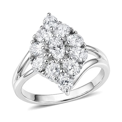 EverTrue Lab Created White Sapphire 5.35 ctw Floral Cluster Earrings, Ring (Size 5.00) and Pendant Necklace (20 Inches) in Platinum Bond and Stainless Steel