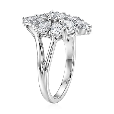 EverTrue Lab Created White Sapphire 5.35 ctw Floral Cluster Earrings, Ring (Size 5.00) and Pendant Necklace (20 Inches) in Platinum Bond and Stainless Steel
