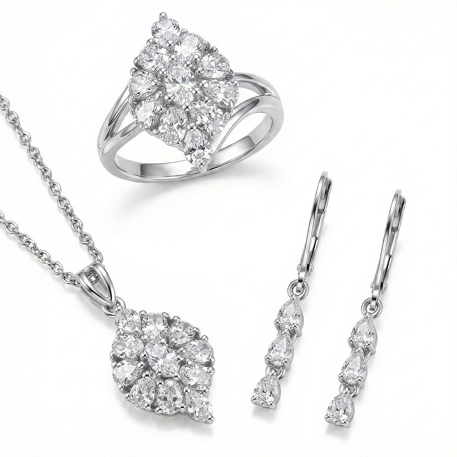 EverTrue Lab Created White Sapphire 5.35 ctw Floral Cluster Earrings, Ring (Size 6.00) and Pendant Necklace (20 Inches) in Platinum Bond and Stainless Steel
