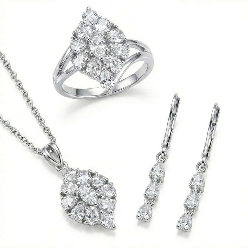 EverTrue Lab Created White Sapphire 5.35 ctw Floral Cluster Earrings, Ring (Size 6.00) and Pendant Necklace (20 Inches) in Platinum Bond and Stainless Steel