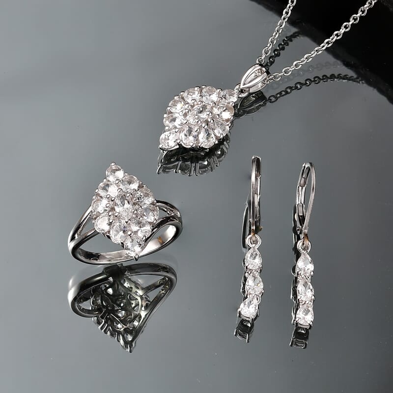 EverTrue Lab Created White Sapphire 5.35 ctw Floral Cluster Earrings, Ring (Size 6.00) and Pendant Necklace (20 Inches) in Platinum Bond and Stainless Steel