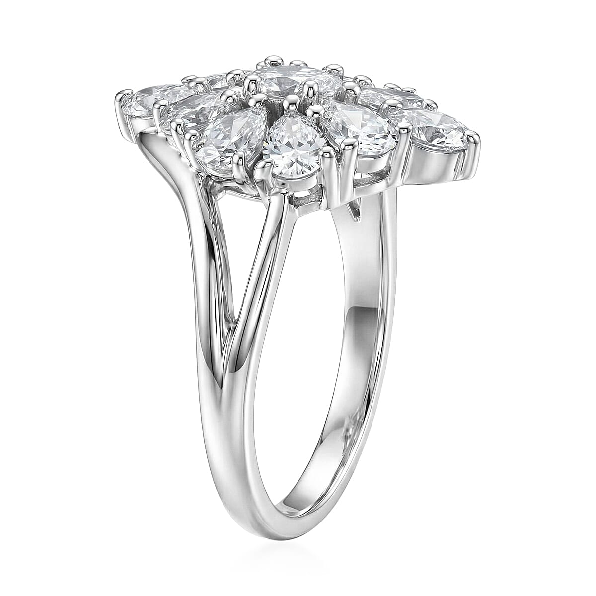EverTrue Lab Created White Sapphire 5.35 ctw Floral Cluster Earrings, Ring (Size 6.00) and Pendant Necklace (20 Inches) in Platinum Bond and Stainless Steel