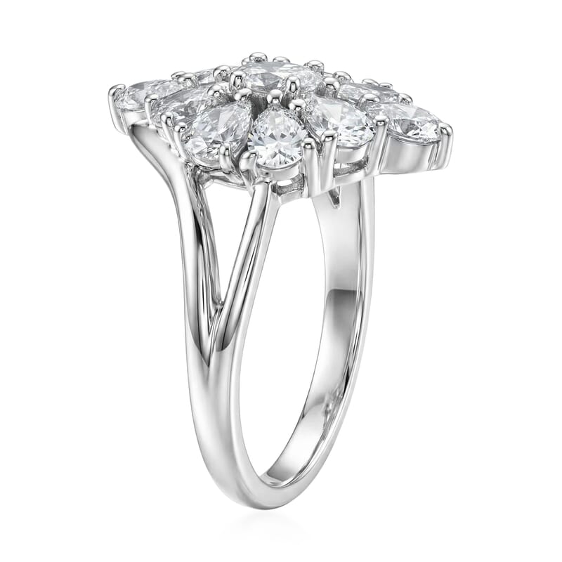 EverTrue Lab Created White Sapphire 5.35 ctw Floral Cluster Earrings, Ring (Size 6.00) and Pendant Necklace (20 Inches) in Platinum Bond and Stainless Steel