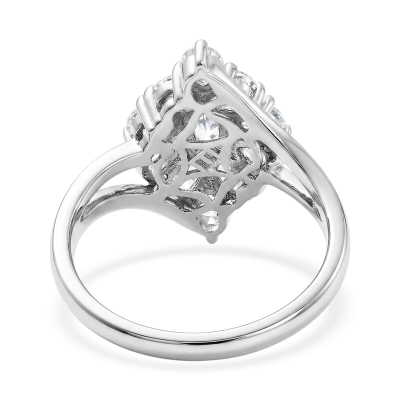 EverTrue Lab Created White Sapphire 5.35 ctw Floral Cluster Earrings, Ring (Size 6.00) and Pendant Necklace (20 Inches) in Platinum Bond and Stainless Steel