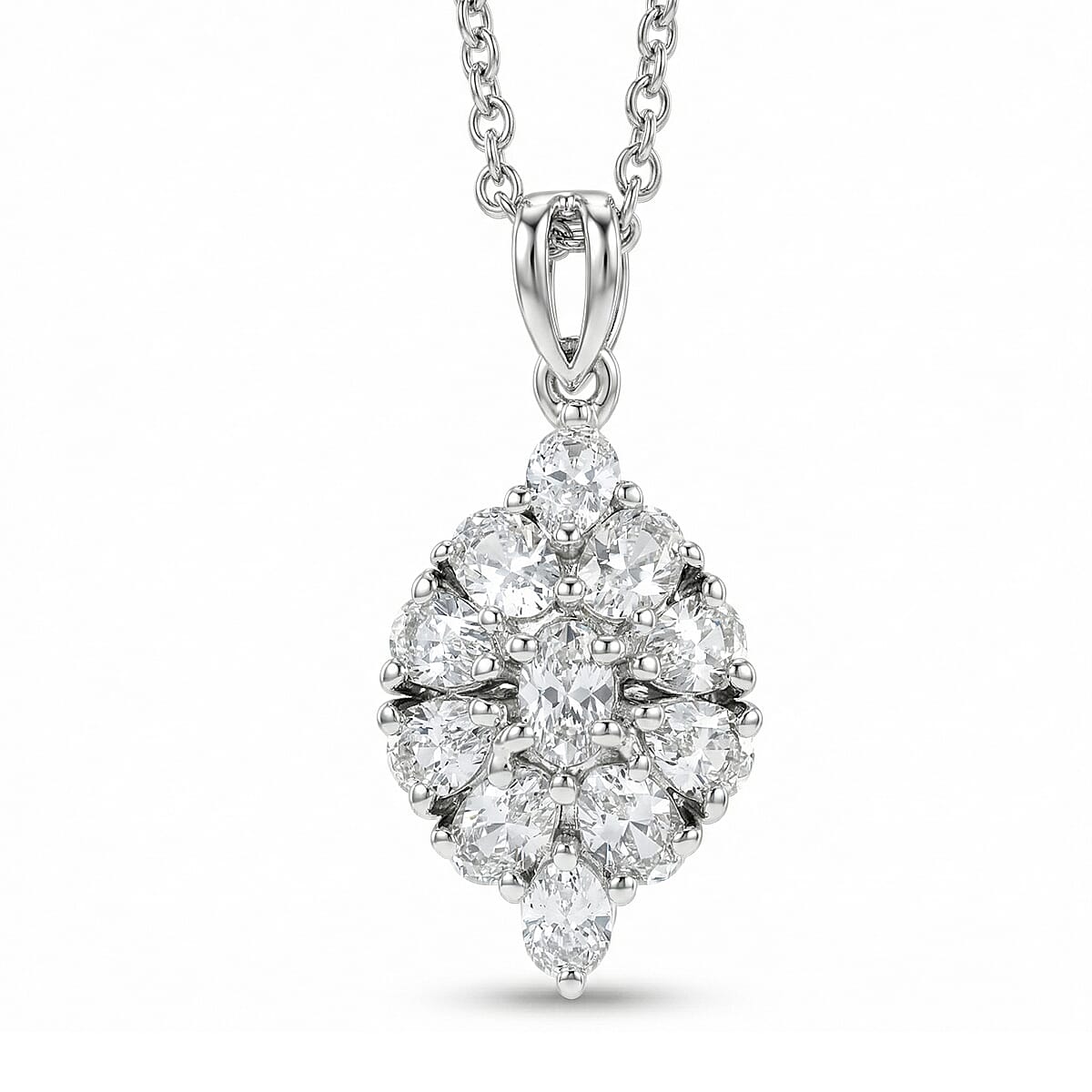 EverTrue Lab Created White Sapphire 5.35 ctw Floral Cluster Earrings, Ring (Size 6.00) and Pendant Necklace (20 Inches) in Platinum Bond and Stainless Steel