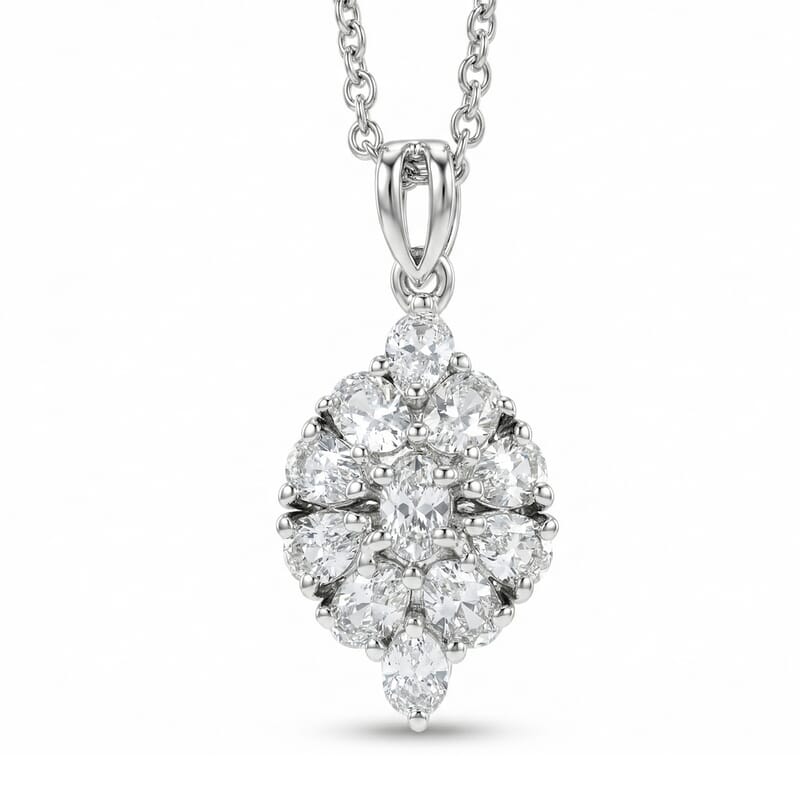 EverTrue Lab Created White Sapphire 5.35 ctw Floral Cluster Earrings, Ring (Size 6.00) and Pendant Necklace (20 Inches) in Platinum Bond and Stainless Steel