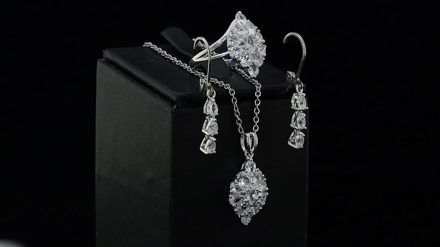 EverTrue Lab Created White Sapphire Floral Cluster Earrings, Ring (Size 5.00) and Pendant Necklace (20 Inches) in Platinum Bond and Stainless Steel 5.35 ctw
