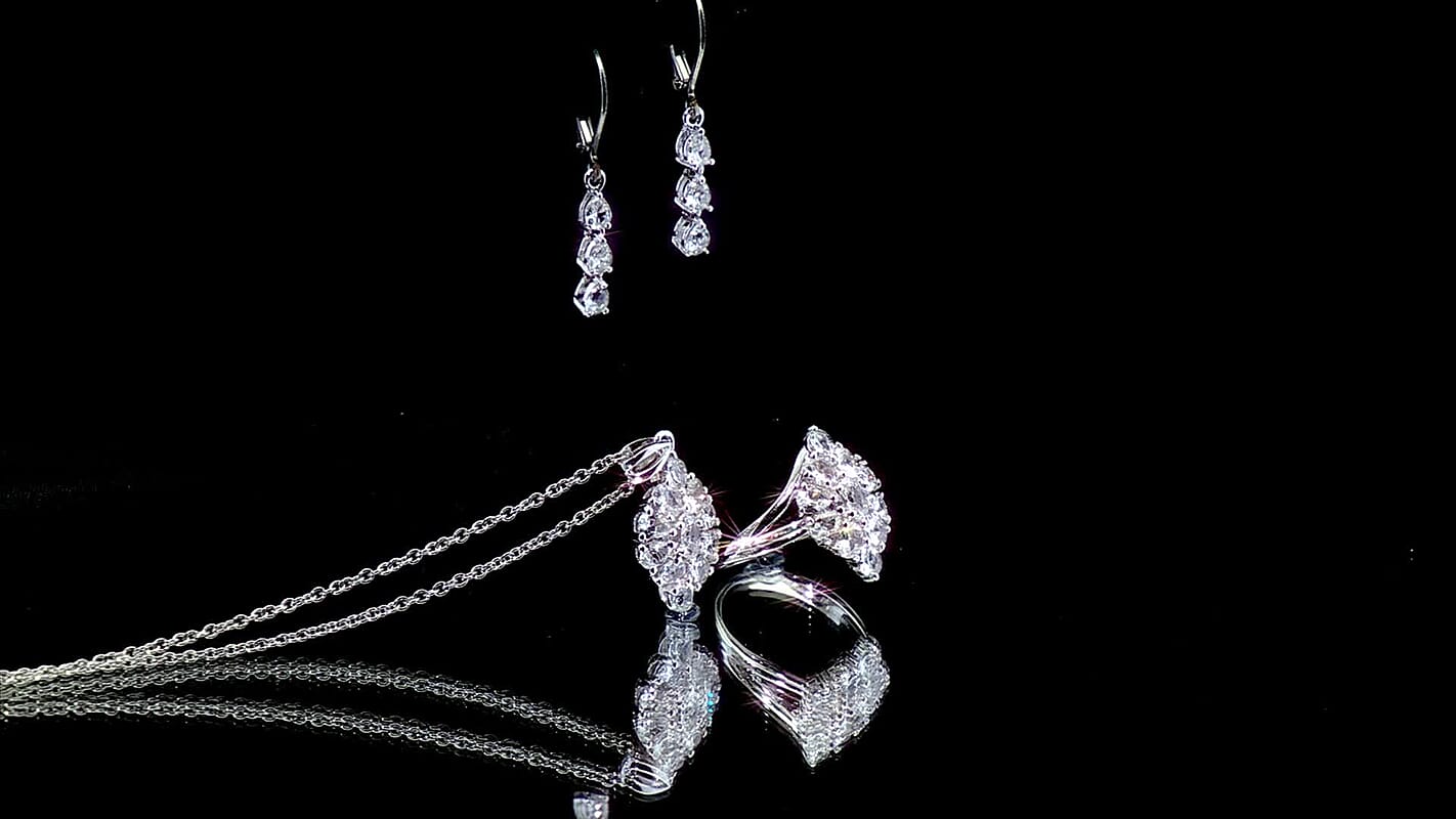 EverTrue Lab Created White Sapphire Floral Cluster Earrings, Ring (Size 5.00) and Pendant Necklace (20 Inches) in Platinum Bond and Stainless Steel 5.35 ctw