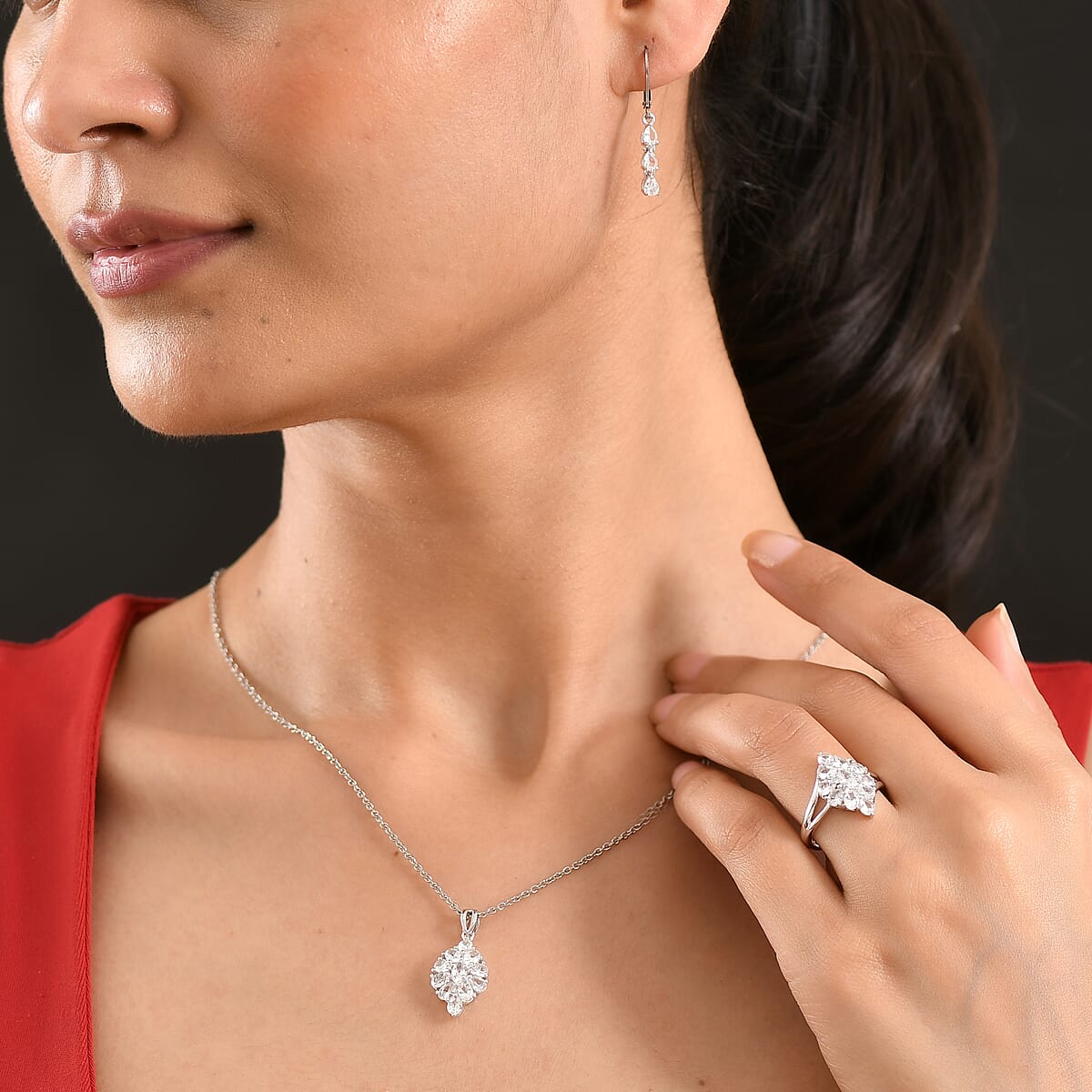 EverTrue Lab Created White Sapphire 5.35 ctw Floral Cluster Earrings, Ring (Size 7.00) and Pendant Necklace 20 Inches in Platinum Bond Stainless Steel image number 4