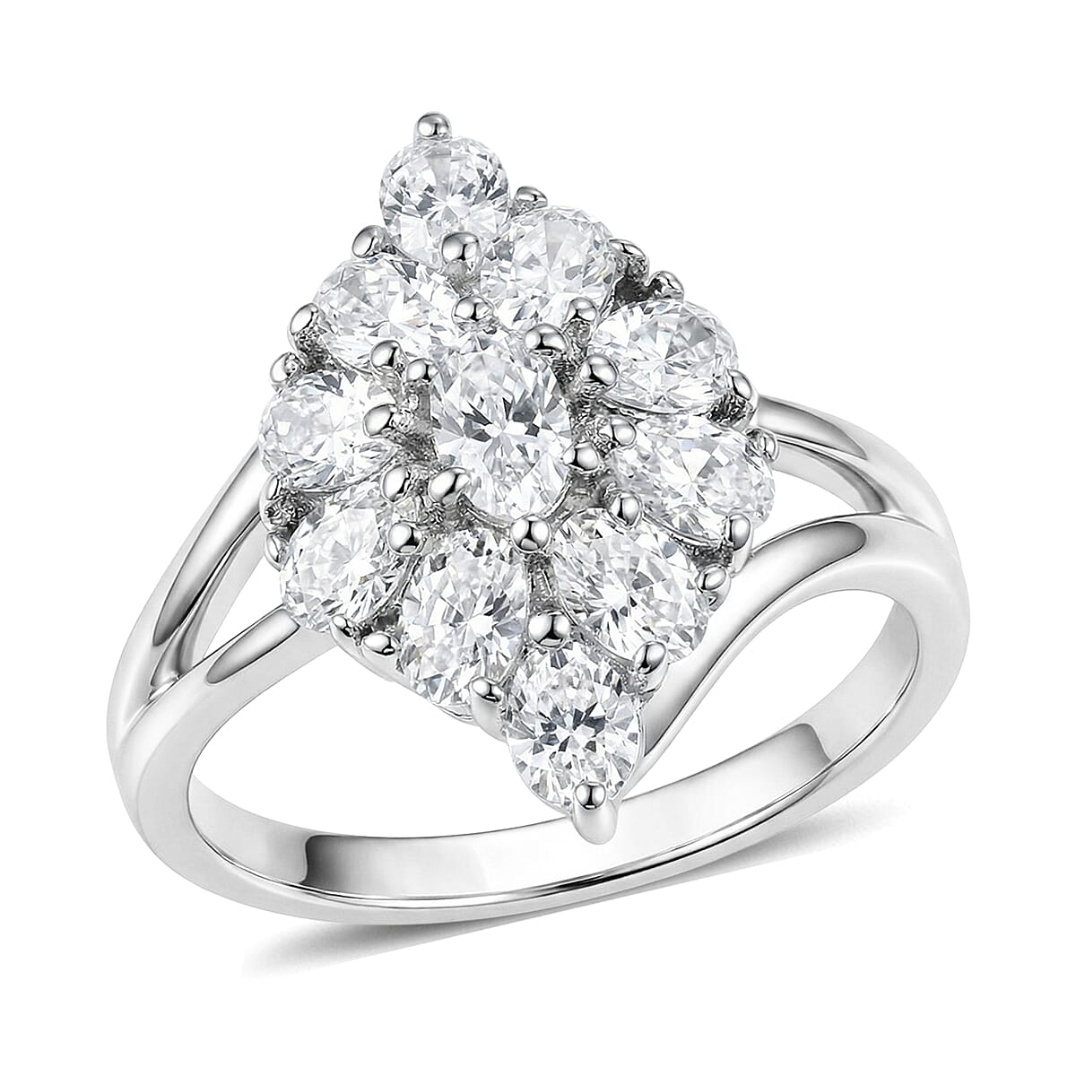 EverTrue Lab Created White Sapphire 5.35 ctw Floral Cluster Earrings, Ring (Size 11.00) and Pendant Necklace 20 Inches in Platinum Bond and Stainless Steel image number 5