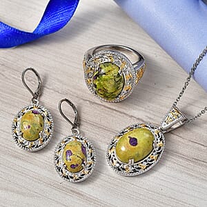 EverTrue Tasmanian Stichtite 32.00 ctw Earthstone Vintage Vine Set of Earrings, Ring (Size 6.0) and Pendant in 18K YG Plated and Platinum Bond with Stainless Steel Necklace 20 Inches