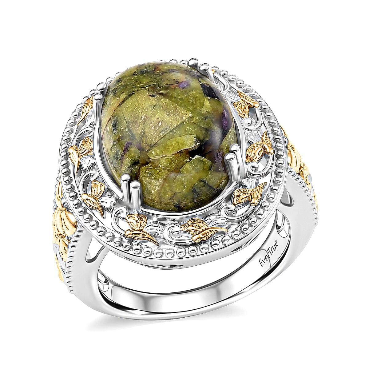 EverTrue Tasmanian Stichtite 32.00 ctw Earthstone Vintage Vine Set of Earrings, Ring (Size 7.0) and Pendant in 18K YG Plated and Platinum Bond with Stainless Steel Necklace (20 Inches)