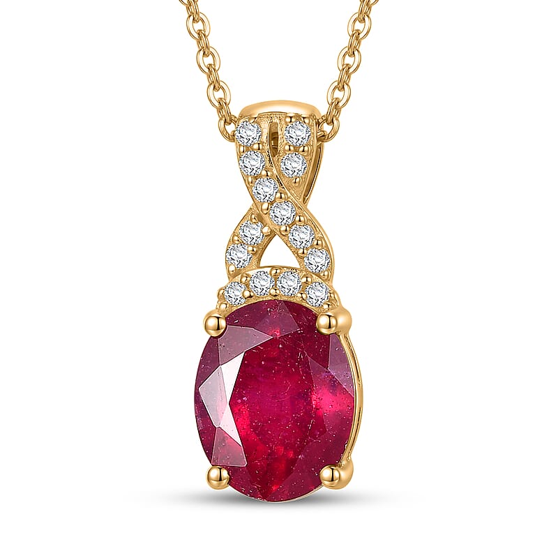 EverTrue Niassa Ruby (FF) and White Zircon 2.90 ctw Royal Infinity Pendant in 18K Yellow Gold Plated with ION Plated Yellow Gold Stainless Steel Necklace 20 Inches