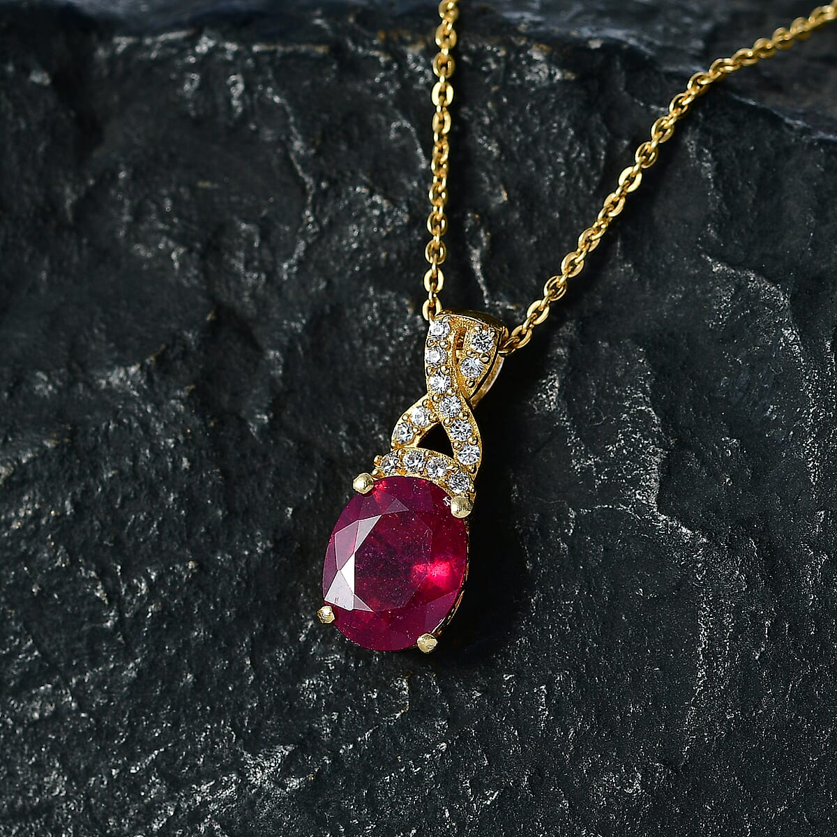 EverTrue Niassa Ruby (FF) and White Zircon 2.90 ctw Pendant in 18K Yellow Gold Plated with ION Plated Yellow Gold Stainless Steel Necklace 20 Inches image number 1