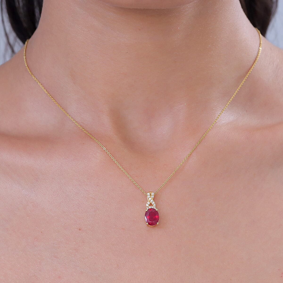 EverTrue Niassa Ruby (FF) and White Zircon 2.90 ctw Pendant in 18K Yellow Gold Plated with ION Plated Yellow Gold Stainless Steel Necklace 20 Inches image number 2
