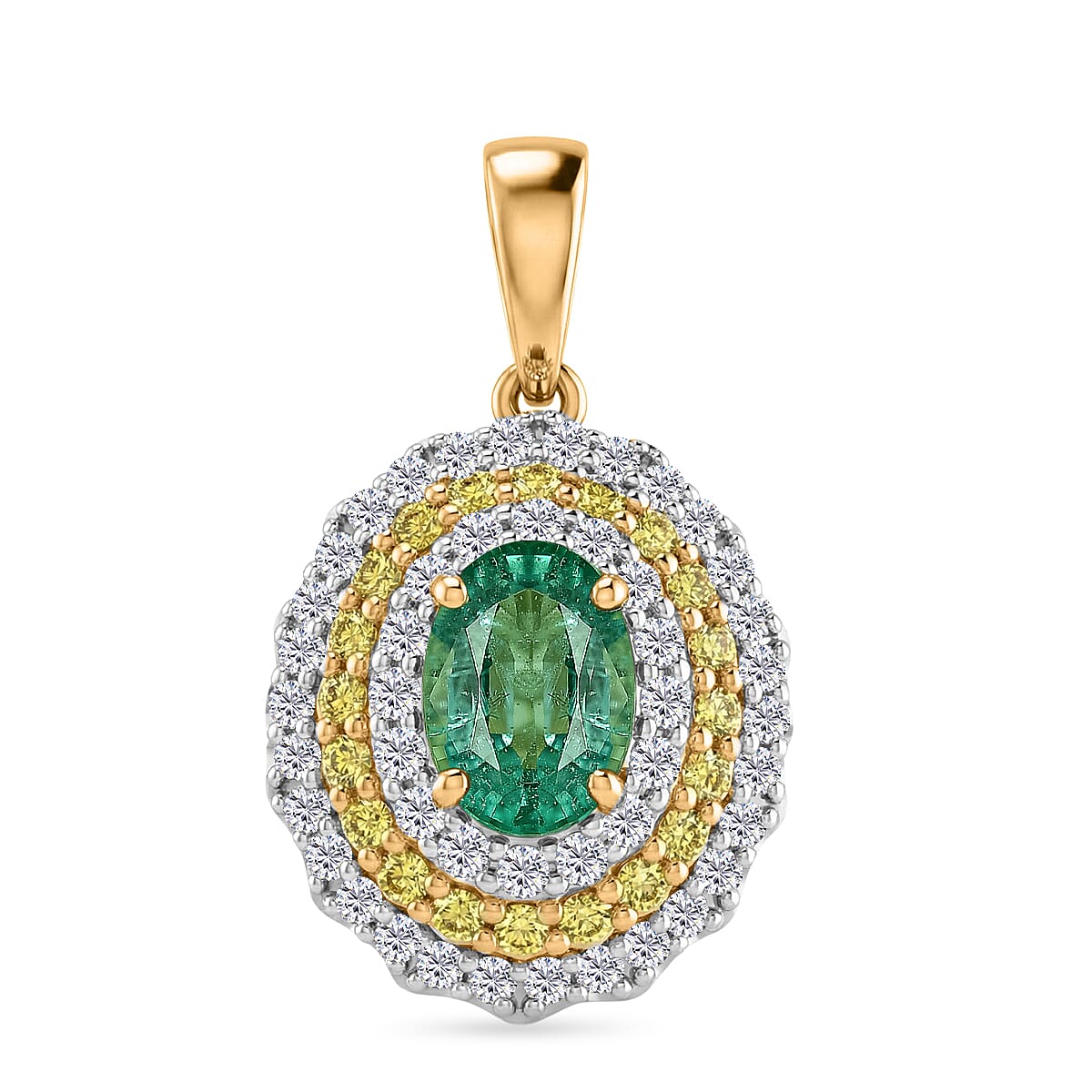 Certified & Appraised AAA Gemfields Zambian Emerald and Luxuriant Lab Grown Yellow and White Diamond SI 1.50 ctw Pendant Necklace in 10K Yellow Gold (20 Inches)