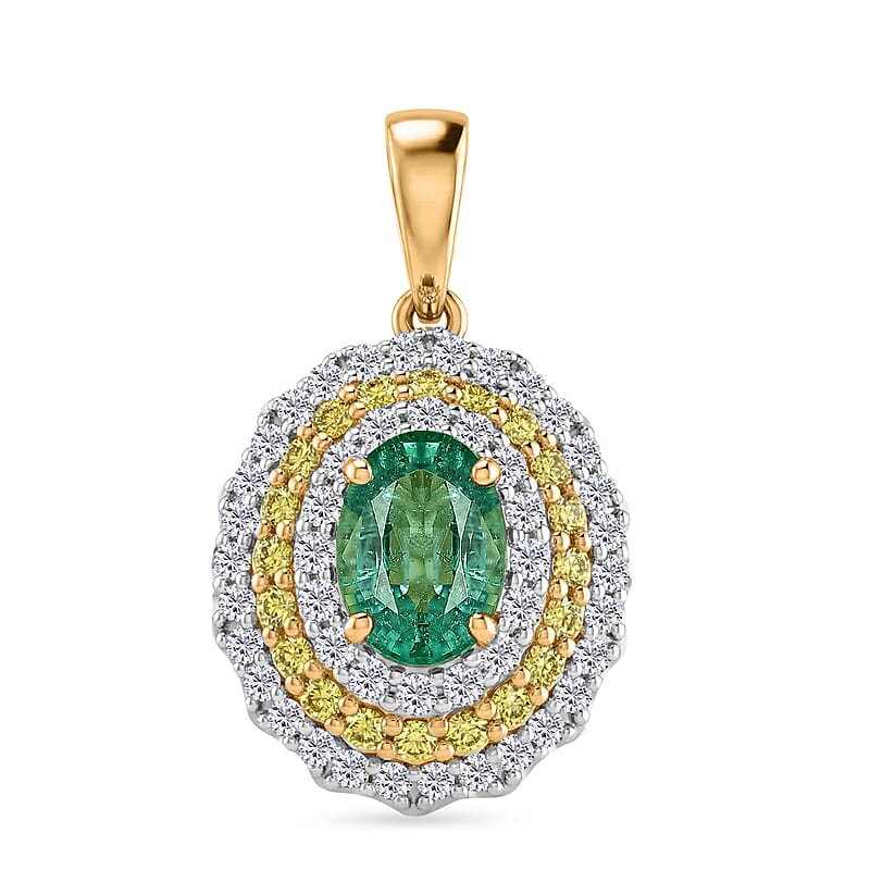 Certified & Appraised AAA Gemfields Zambian Emerald and Luxuriant Lab Grown Yellow and White Diamond SI 1.50 ctw Pendant Necklace in 10K Yellow Gold (20 Inches)