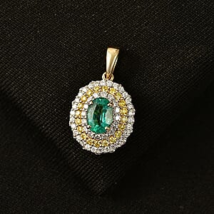 Certified & Appraised AAA Kagem Zambian Emerald and Luxuriant Lab Grown Yellow and White Diamond SI 1.50 ctw Pendant Necklace in 10K Yellow Gold (20 Inches)