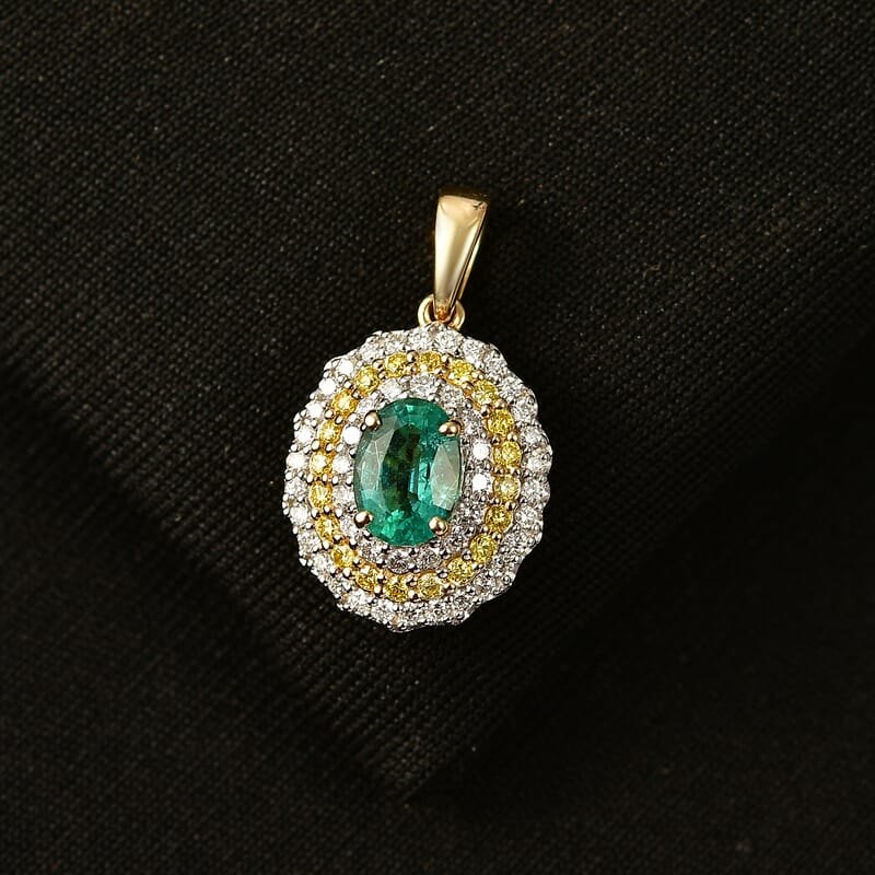 Certified & Appraised AAA Kagem Zambian Emerald and Luxuriant Lab Grown Yellow and White Diamond SI 1.50 ctw Pendant Necklace in 10K Yellow Gold (20 Inches)