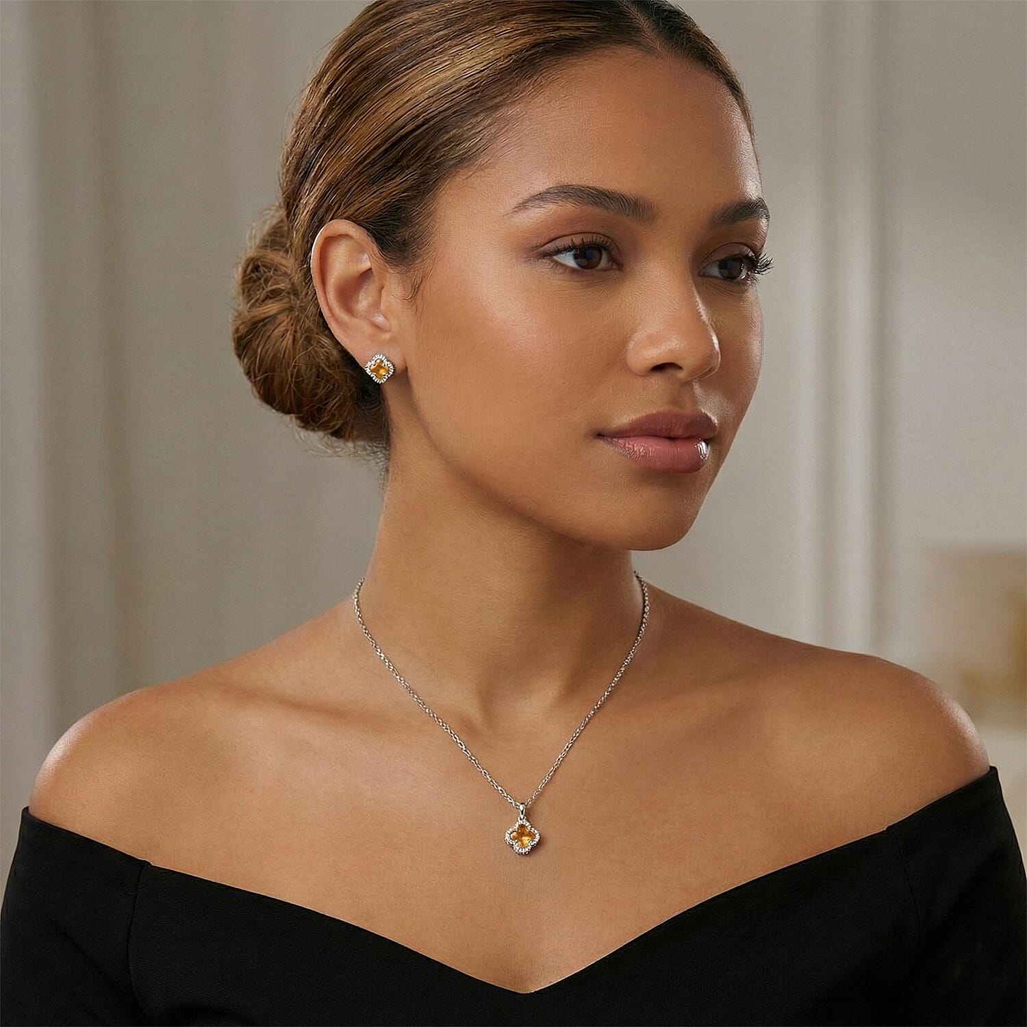 2 Piece Set - Yellow and White Austrain Crystal Pendant Necklace Earrings and Pendant Necklace (16-18 Inches) in Stainless Steel