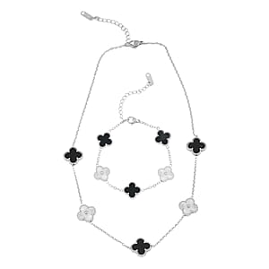 2 Piece Set - Black Onyx 18.00 ctw Clover Bracelet (7.00- 9.00In) and Necklace 16-18 Inches in Stainless Steel
