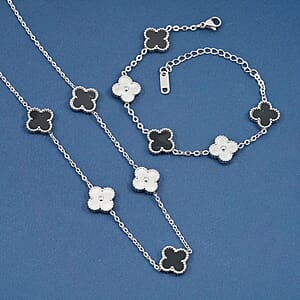 2 Piece Set - Black Onyx 18.00 ctw Clover Bracelet (7.00- 9.00In) and Necklace 16-18 Inches in Stainless Steel